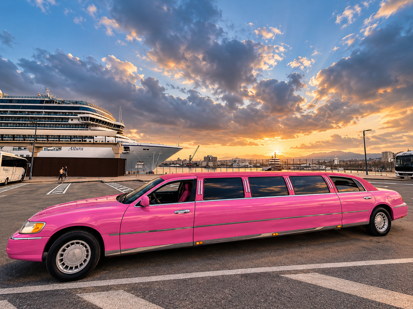 Limusina rosa de alquiler en el puerto de Málaga frente a un crucero